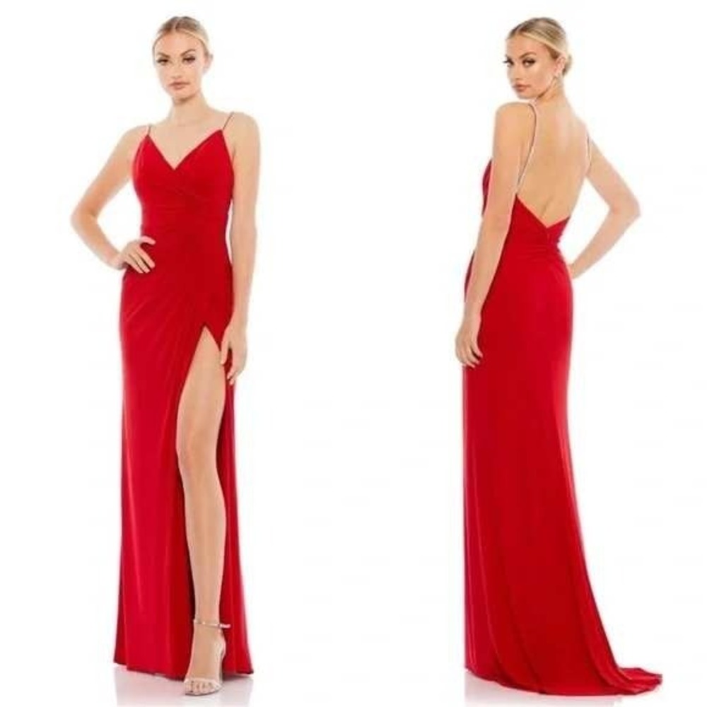 IEENA Mac Duggal Gown Women 12 Red Rhinestone Strap Ruched Open Back Maxi Dress